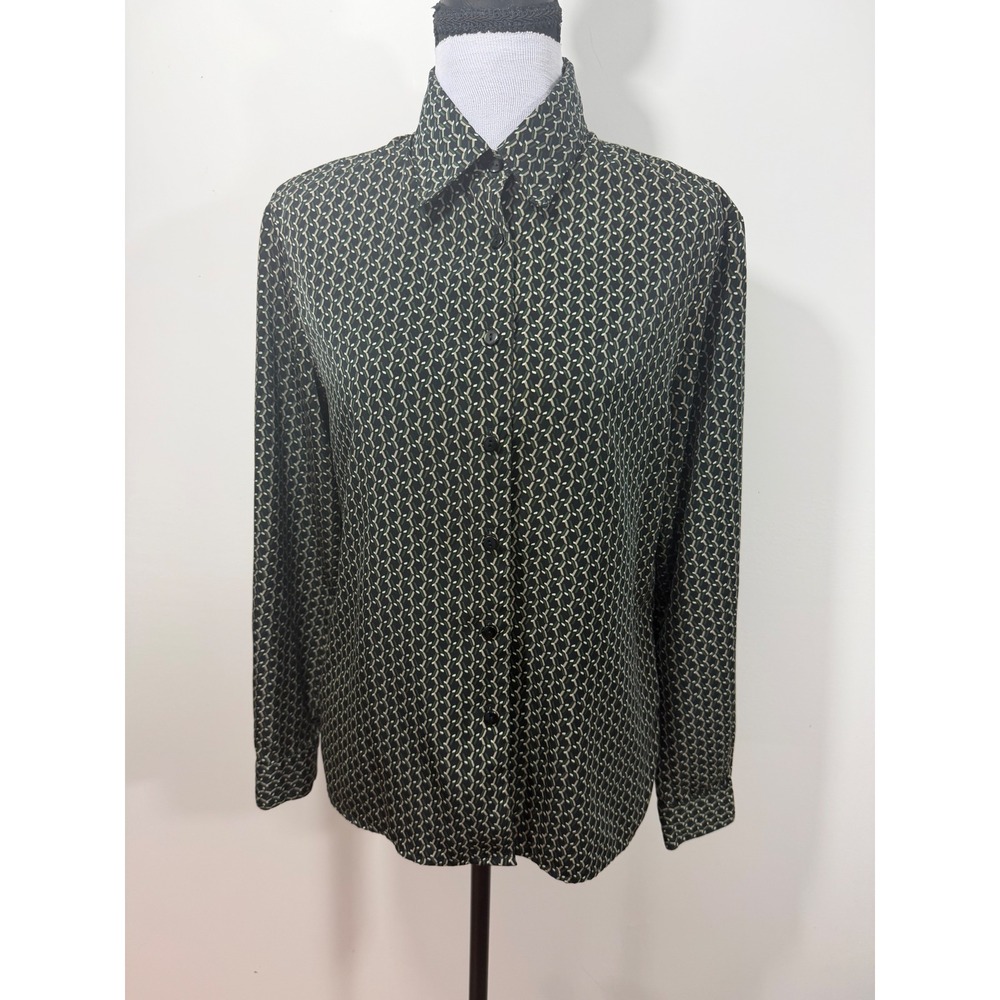 Notations Womens Green Black Geometric Chain Link Button Down Blouse Small